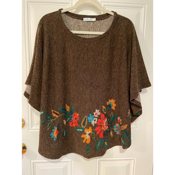 OB2-12 Sweaters - OB2-12 Size S/M Brown Floral Sweater Poncho Top, Bohemian